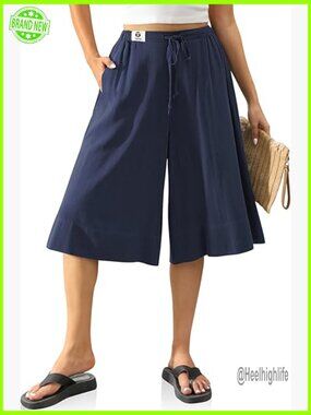 Women's Linen Capri Pants Flared Wide Leg Drawstring Elastic Waist Pockets
